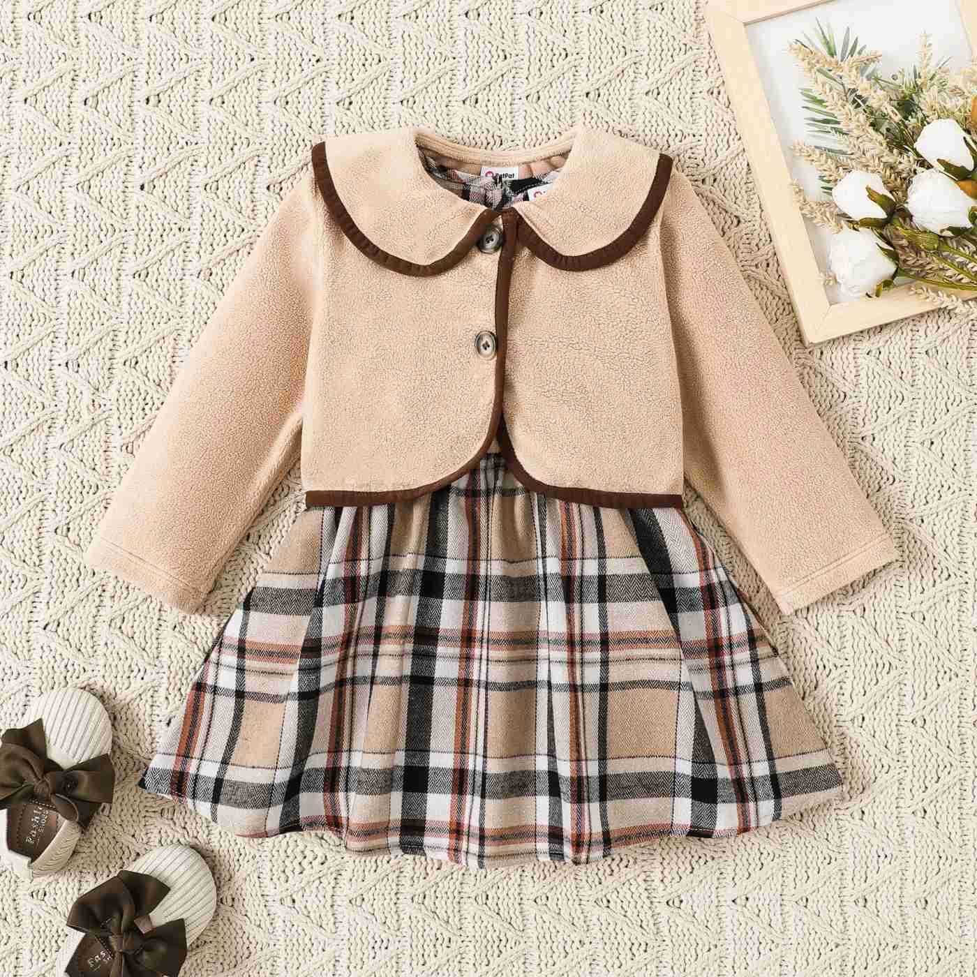 2PCS Baby Girl Hyper-Tactile Design Grid/Houndstooth School Dress Set Hyper-Tactile / 3D Casual/OutdoorXJ241205