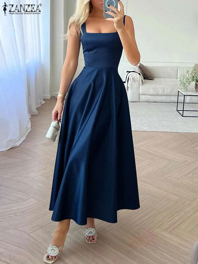 ZANZEA Sexy Square Neck Maxi Dress Women Fashion Satin Silk Waisted Party Dress Elegant Solid Color Umbrella Vestido Summer Robe 241205