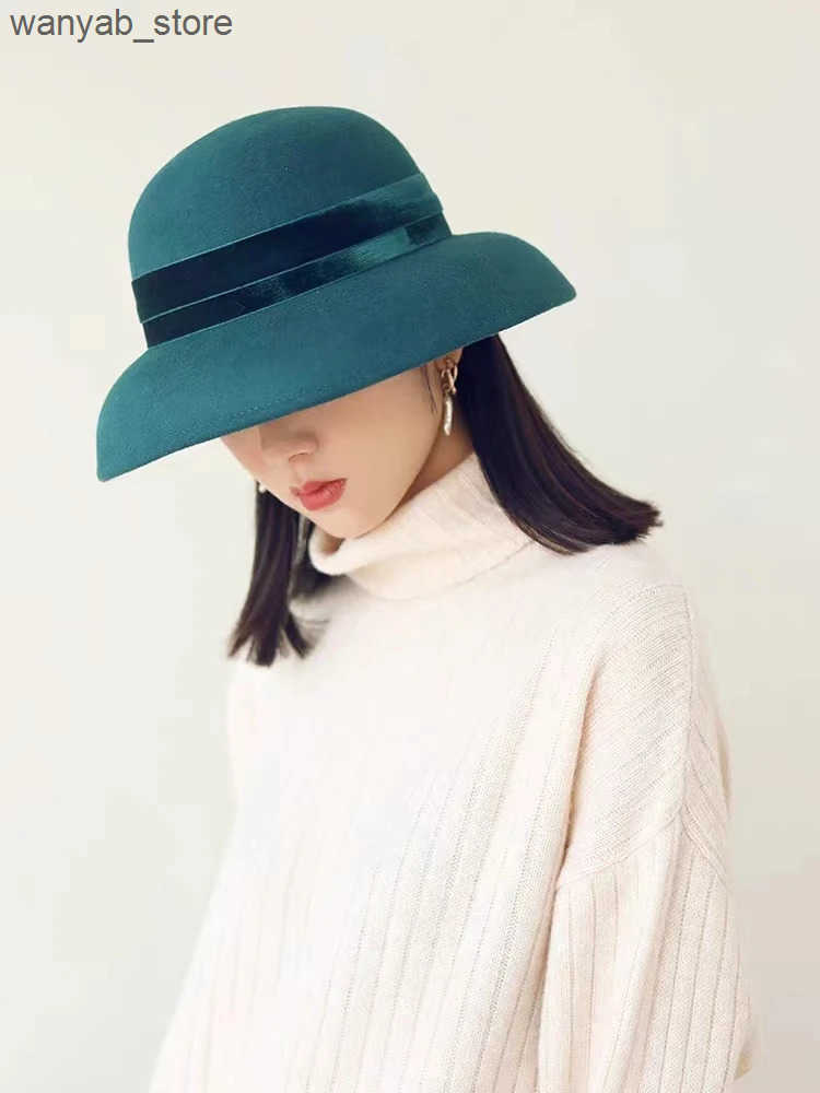 Cloches Autumn and Winter% Wool Hat Bell Hat Womens French Elegant Retro Hepburn Round Big Brim Hat L240910