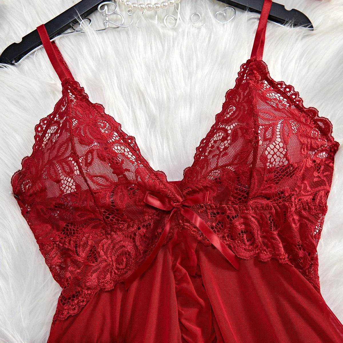 Transparent Red Sexy Lingerie Womens Underwear See Through Sleepwear Lace Nightdress And Panty Pijamas Sets Female Nighty 241204