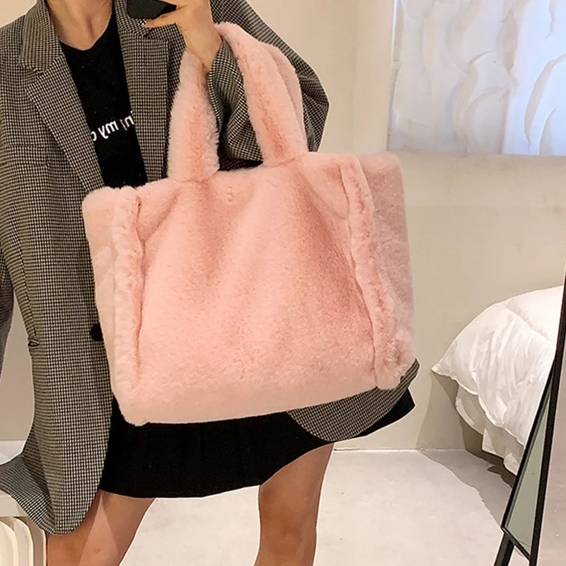 Winter Faux Fur Shopper Tote Bag for Women Plush Handbag Designer Fluffy Wool Shoulder Furry Crossbody Messenger 241205