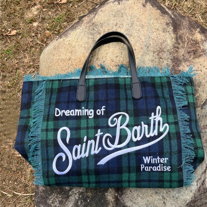 Casual Bag Women Tassel ner y Houndstooth Stripe Canvas Handbags High Quality Large Shopping Letter Beach 241204