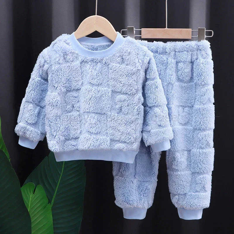 Two-piece Autumn Winter Home Sleepwear Set Boys Baby Fleece Warm Outdoor Children Girls Homewear Suits Thickened Ammonia FabricXJ241205
