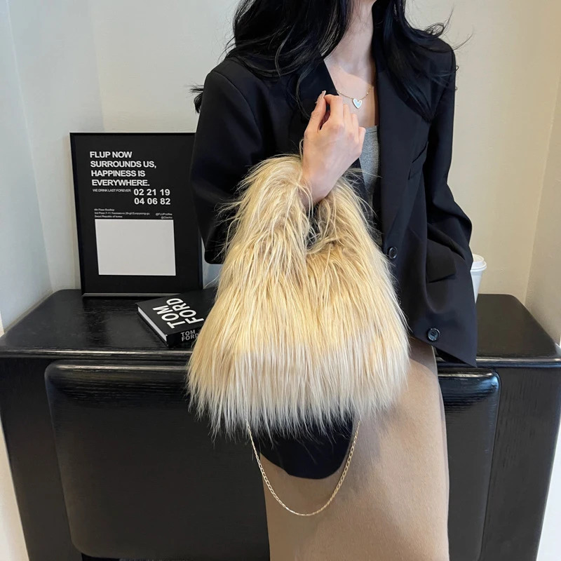 Soft plush womens winter warm shoulder bag mobile wallet and handbag chain cross body bag handbag bolso fashion clutch wallet 241205