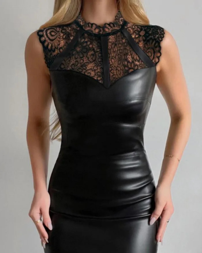 Womens Dresses Summer Fashion Casual Lace Short Sleeve Black Leather Skirt Sexy Long Womens Evening Dress 241205