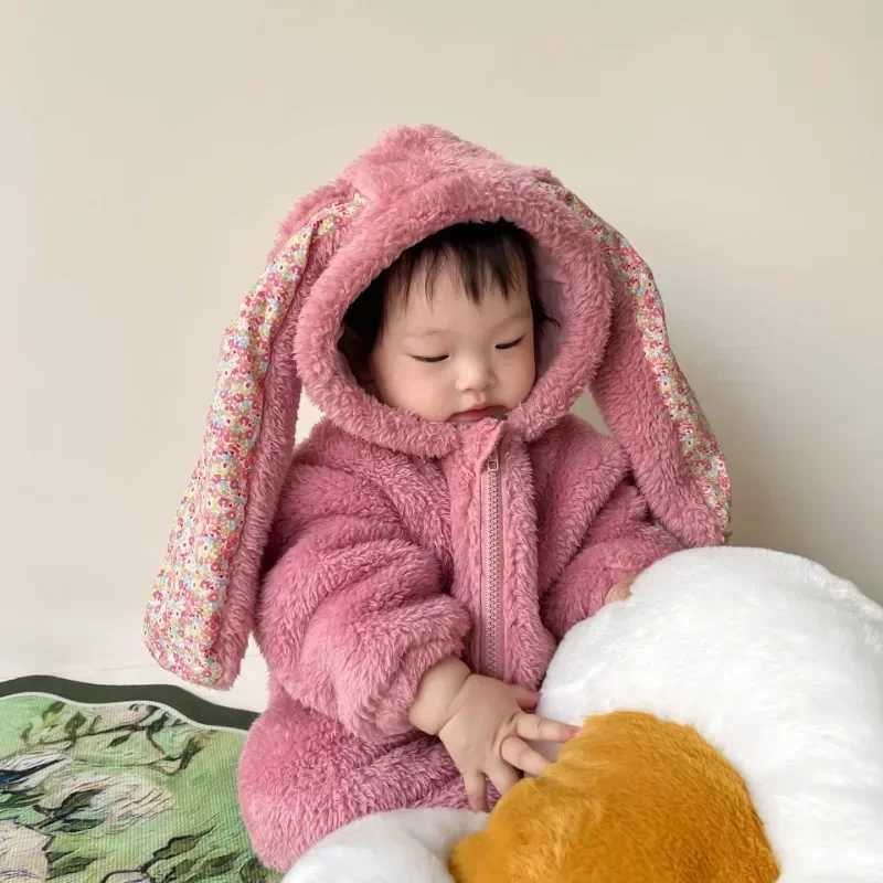 Pajamas Winter Girls Rabbit Romper Slouchy Comfortable Zipper Jumpsuit Cute Hooded Pajamas Baby Boys Plush Homewear Outfits H241205