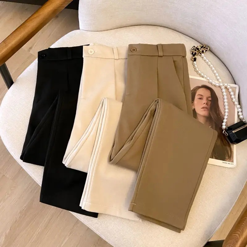 Elegant Woolen Pant Autumn Winter Fashion High Waist Trouser Female Casual Fleece Ninepoint Black Outwear Suit Pants 241205