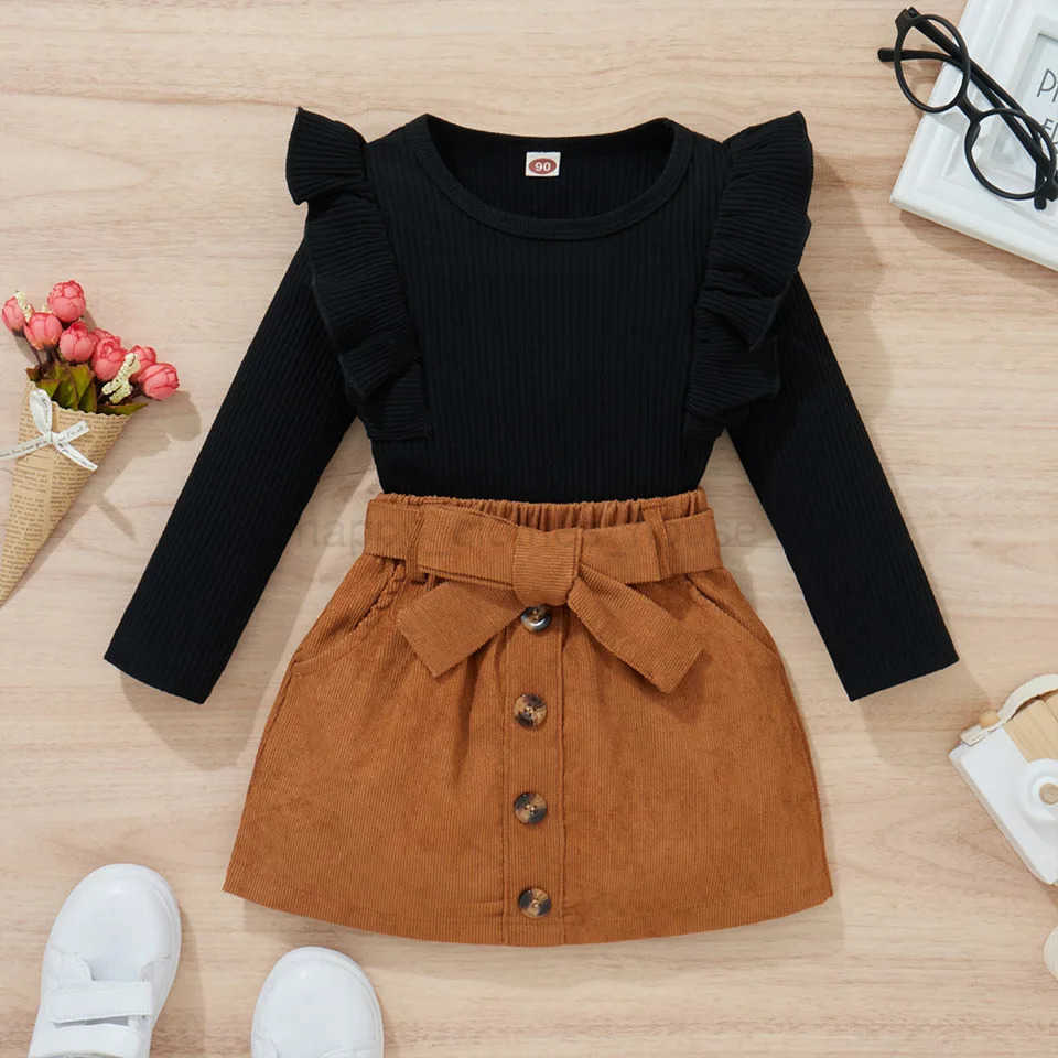 LAPA Cute Fashion Girls Skirt Suit Two-piece Set Baby Girls Solid Ruffle Long Sleeve Top+Corduroy Skirt Autumn New Kids SuitXJ241205