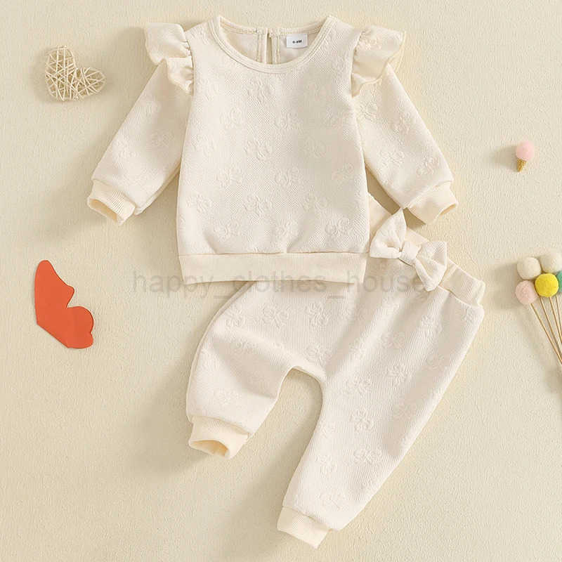 Pudcoco Toddler Baby Girl Fall Outfits Bow Jacquard Long Sleeve Crew Neck Tops with Elastic Waist Long Pants 2 Pcs Set 0-3TXJ241205