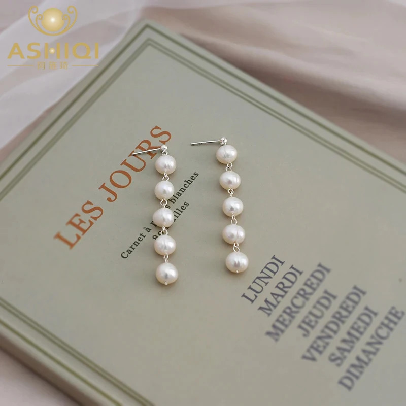 ASHIQI Natural Freshwater Pearl Long Earrings 925 Pure Silver Womens Wedding Jewelry Gift 241205