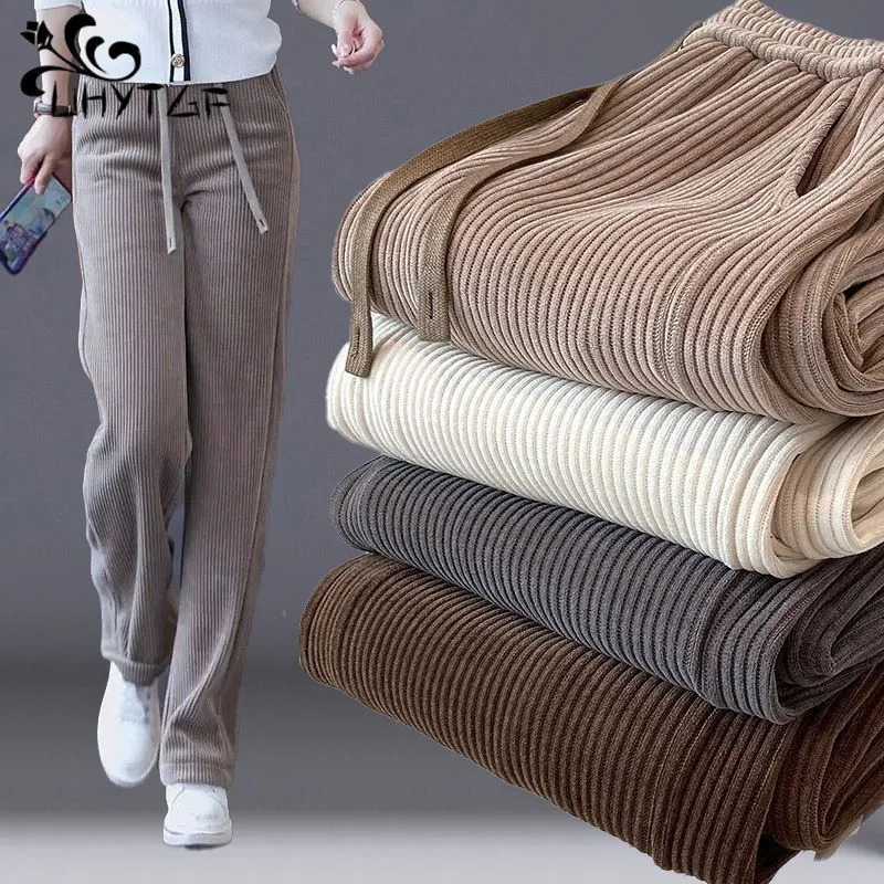 Autumn and winter elastic waist loose casual wide leg Corduroy pants for women with added velvet fashion full matching Trouser womens clothing 241202
