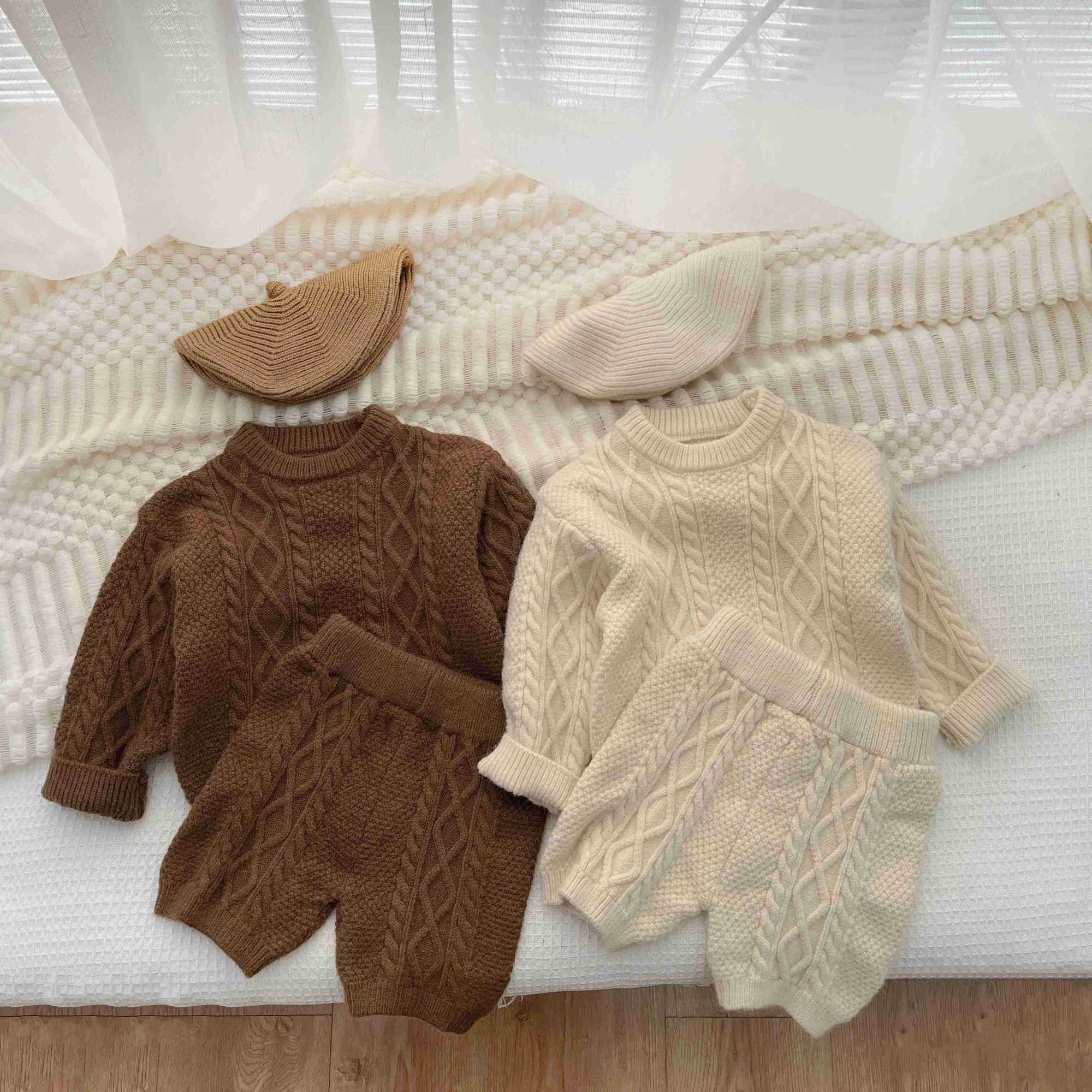 Newborn Baby Girls And Boys Spring And Autumn Cotton Set Knitted Long Sleeved Ribbed Elastic Waist Solid Simple O-neck ClothesXJ241205
