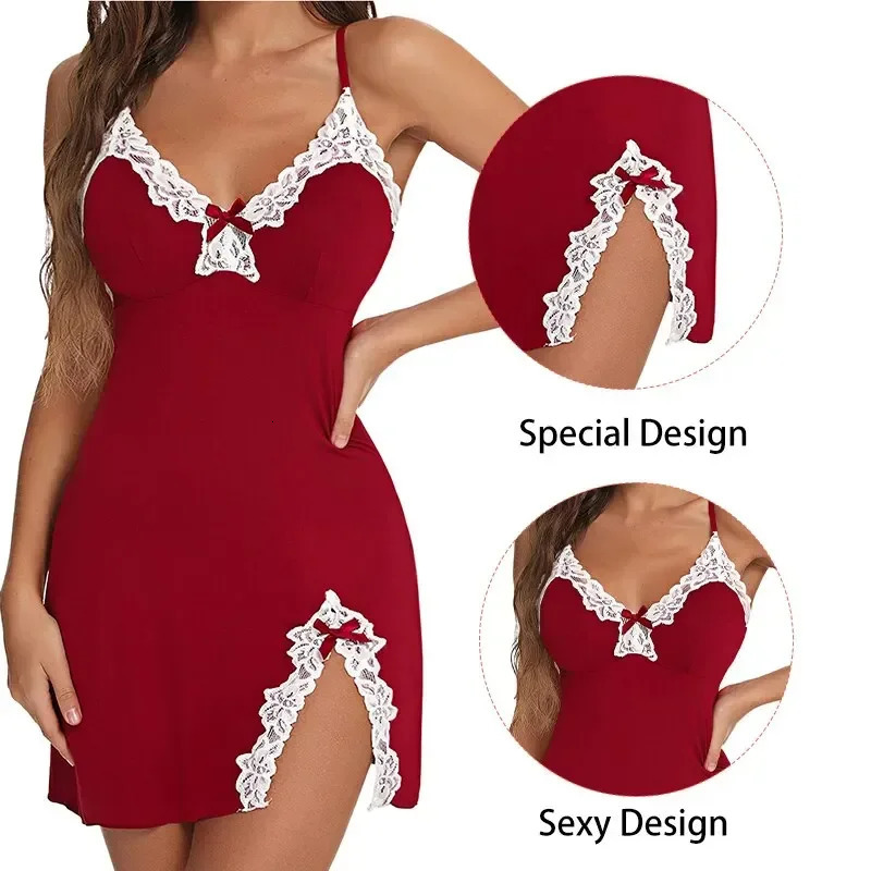Women Nightdress Sexy Lace Chemise Bow Nightgown Sleepwear V Neck Full Slip Babydoll Lingerie Sleep Dress Costume Lenceria 241204