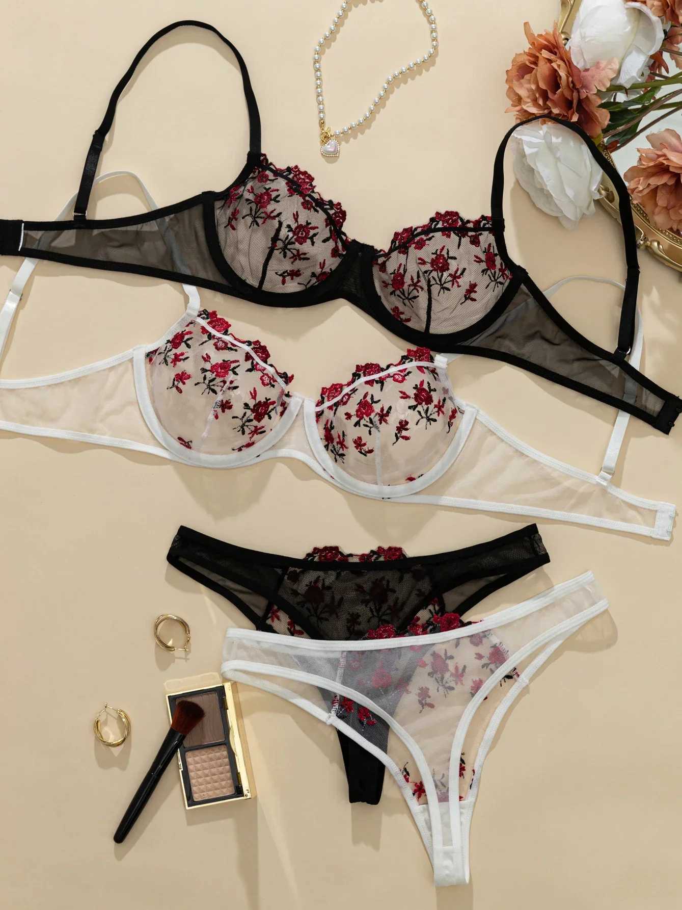 Bras Sets Women Transparent Lace Bras Sexy Lingerie Set Embroidery Soft Briefs Womens Comfy Underwear Set Female Intimates 2024XJ241205