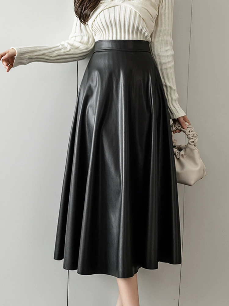 High Waist Elegant Office PU Leather A-Line Skirt For Women 2024 Autumn Winter Casual Long Skirts Female Khaki 241204
