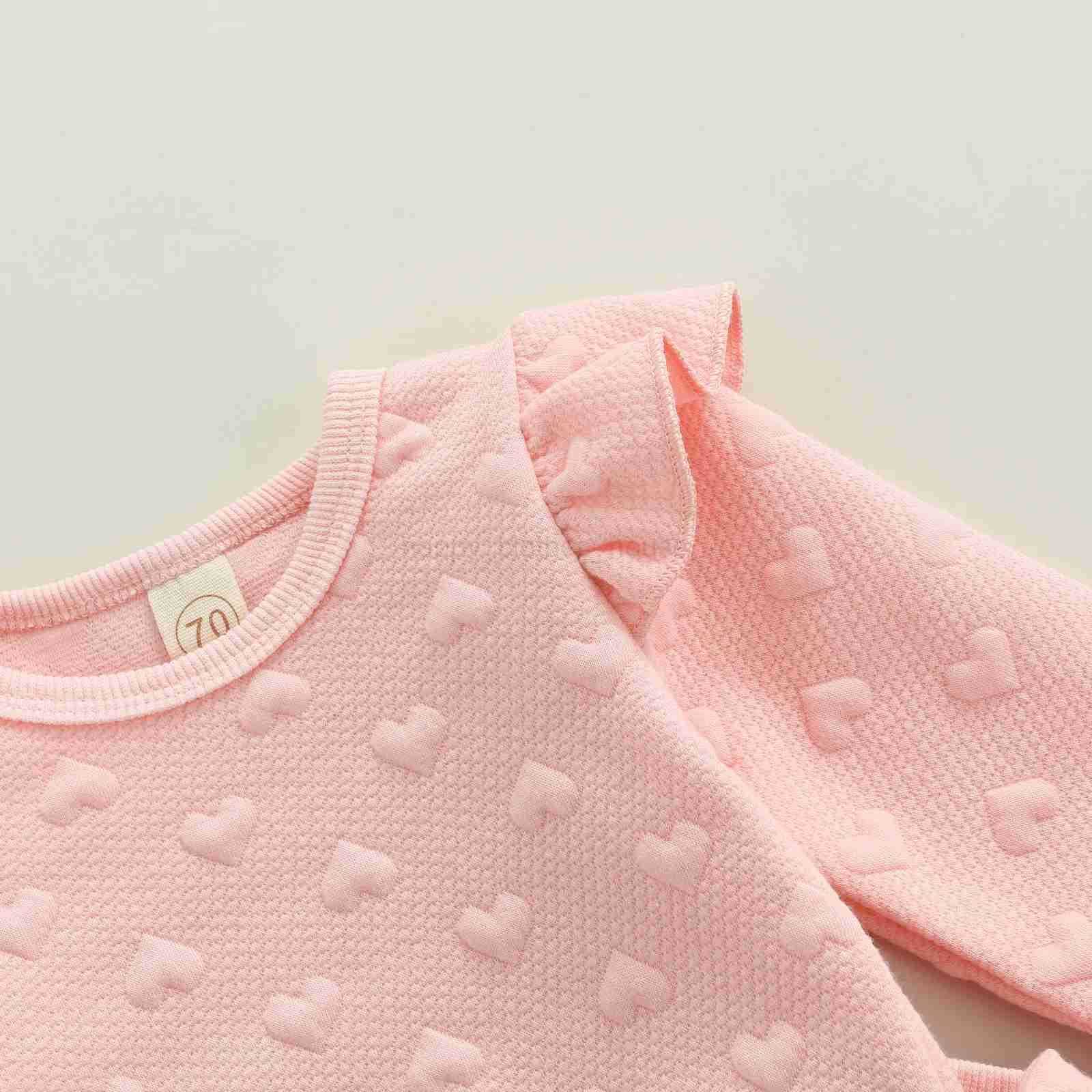 Valentine 2 Pieces Kids Suit Set Solid Color O-Neck Long Sleeve Ruffle Tops+ Bowknot Trousers for Girls Pink 0-24 MonthsXJ241205