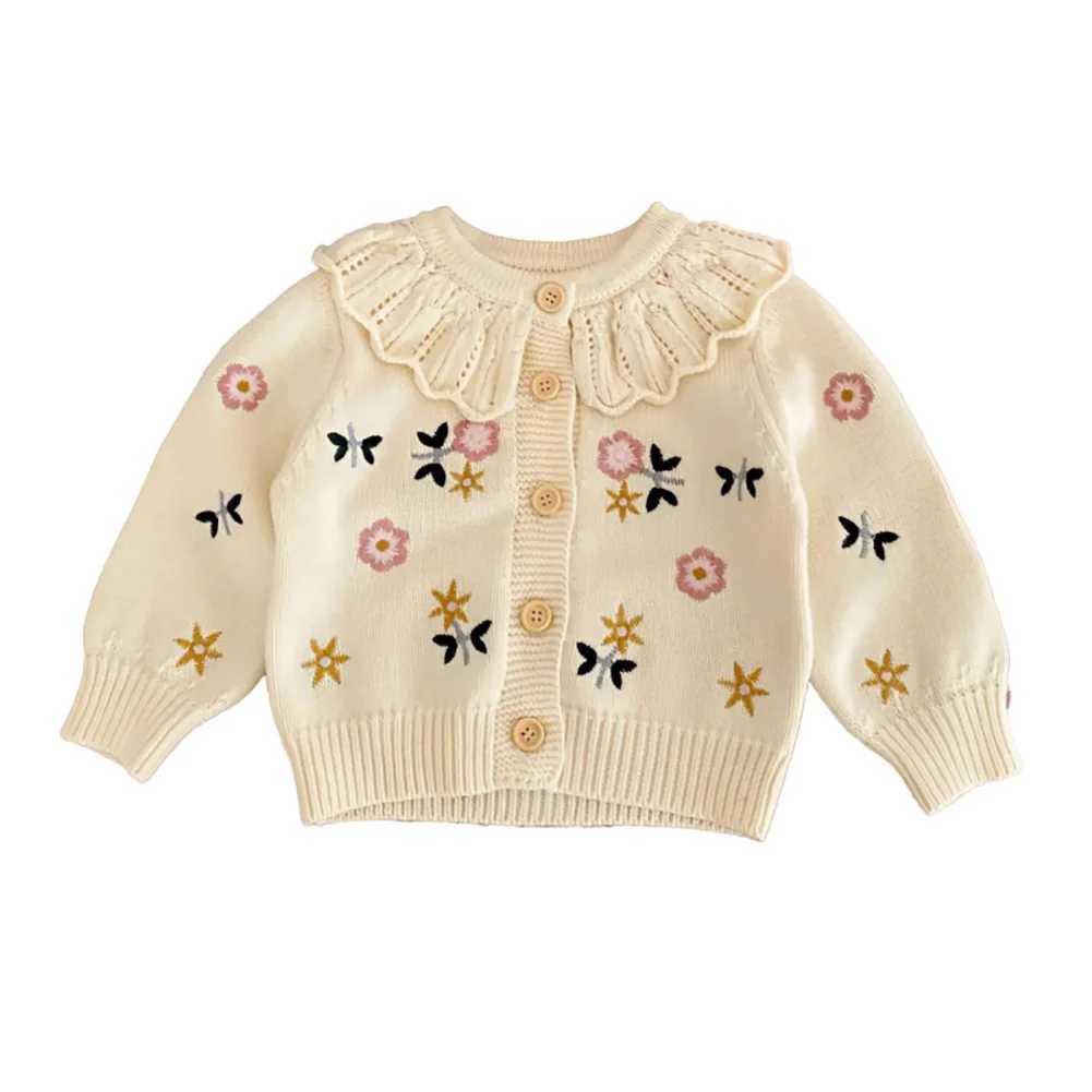 Spring and autumn new childrens knitted cardigan for girls cotton embroidered floral long sleeved cardigan W241205