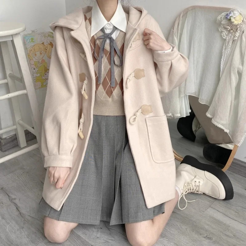 Autumn Winter Hooded Womens Woolen Coat Medium Length Plaid Style With Button Japanese Style College Style For Short People 241204