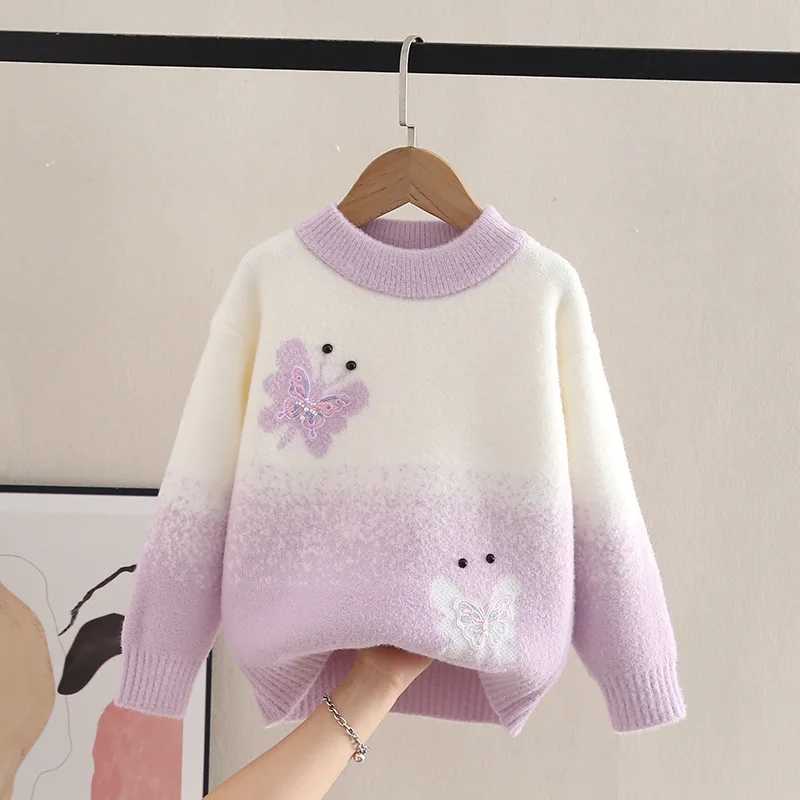Sweater Girl Elegant Butterfly Pattern Knitted Zipper O-neck Fur Casual Childrens Top Keep Girls Warm Knitted HY07261 W241205