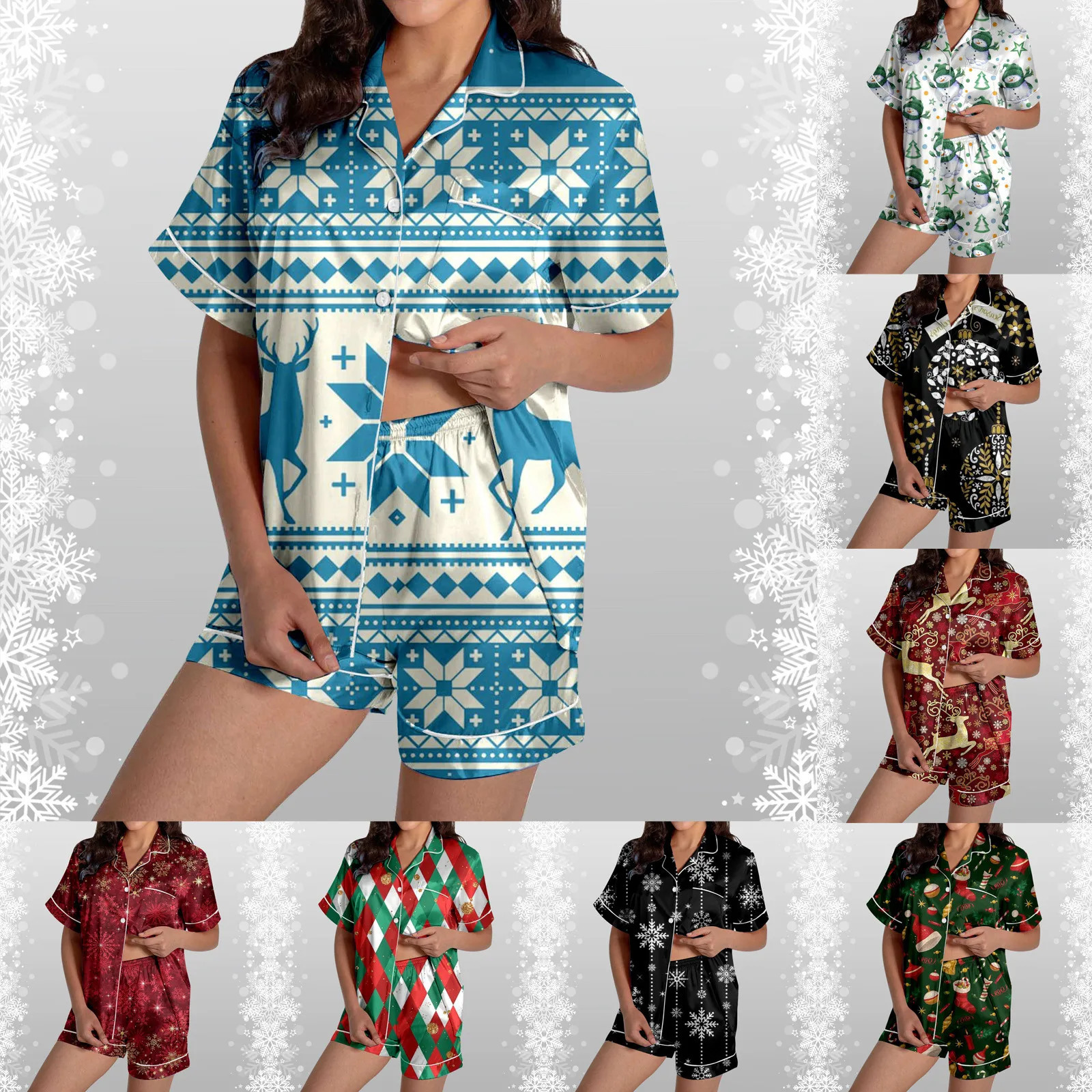 Women Wine Glass Print Christmas Pajama Sets Sleepwear Pyjama Button Down Tops Shorts Nightgowns Ladies Xmas Silk Satin Lingerie 241204