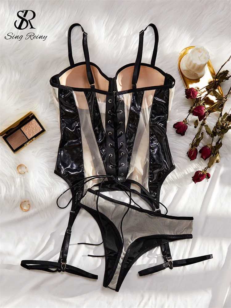 SINGREINY Leather Splicing Mesh Sexy Lingerie Sets Strap Sheath Sensual Shapewear Sheer Cross Bandage Porn Underwear SuitsXJ241205