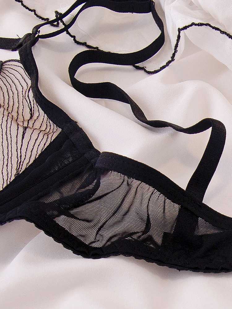 Cross Mesh Eyelash Lingerie Women Lace Steel Bra Hollow Out Underwear Set Deep V Push Up Bras underpant setXJ241205