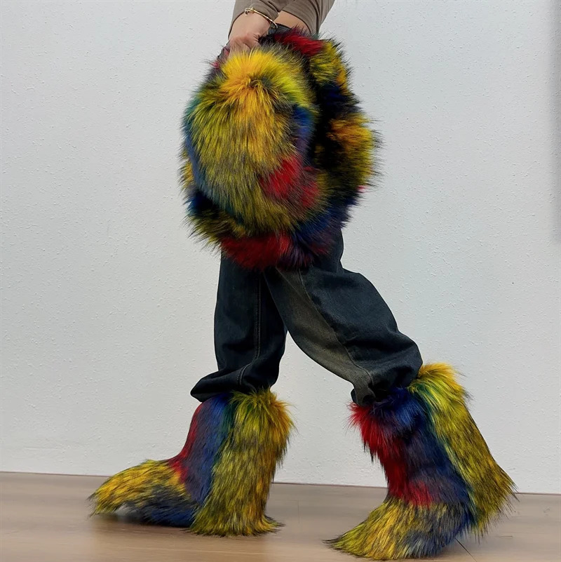 Womens Winter Fluffy Artificial Fox Fur Boots Womens Plush Warm Snow Boots Shoes Womens Fur Boots Fashion Winter Shoes 241205