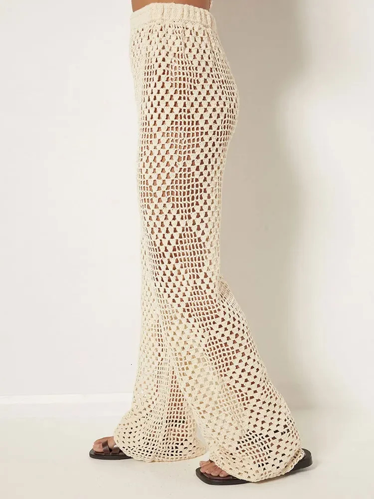 2025 Womens Solid Color Knit Plaid Sexy Hollow Out Beach Bikini Outer Set Beach Holiday Casual Knit Pants 2-Piece Set A3141 241204