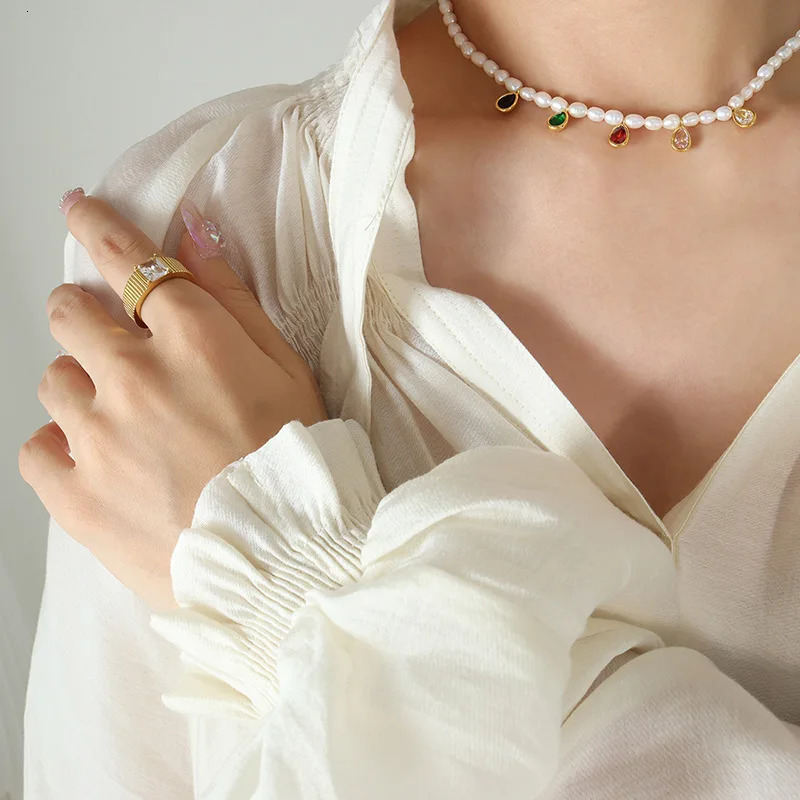 Womens Water Drop Tassel Necklace Crystal Stone Freshwater Pearl Beads Stainless Steel Waterproof Charm Jewelry 241205