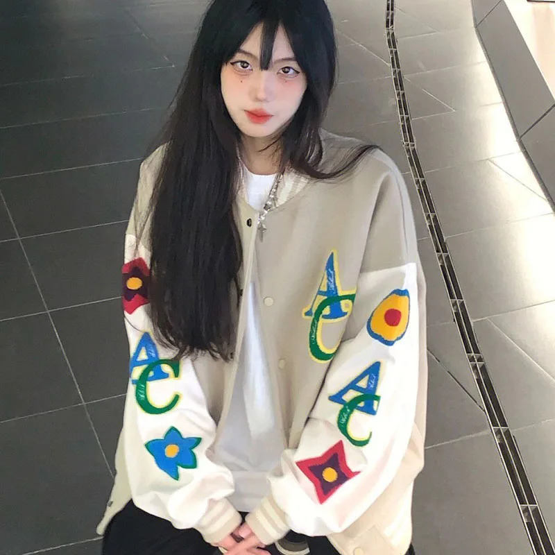 American Retro Jacket Women Embroidered Hip Hop Letter Loose Long Sleeve Patchwork Baseball Uniform Lady Winter Warm Outerwear 241205