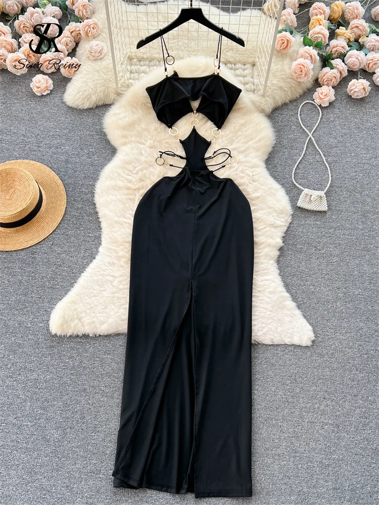 SINGREINY Sensual Hollow Out Long Dress Fashion Cross Halter Sheath Camis Dress 2024 Women Streetwear Solid Backless Sexy Dress 241205