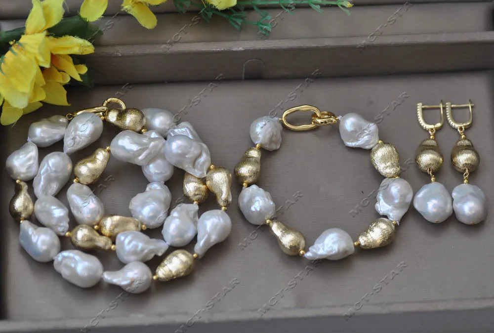 Z13124 Set 24mm White Baroque Keshi Rebirth Pearl Gold Plated Peasecod Necklace Bracelet Earrings 241205