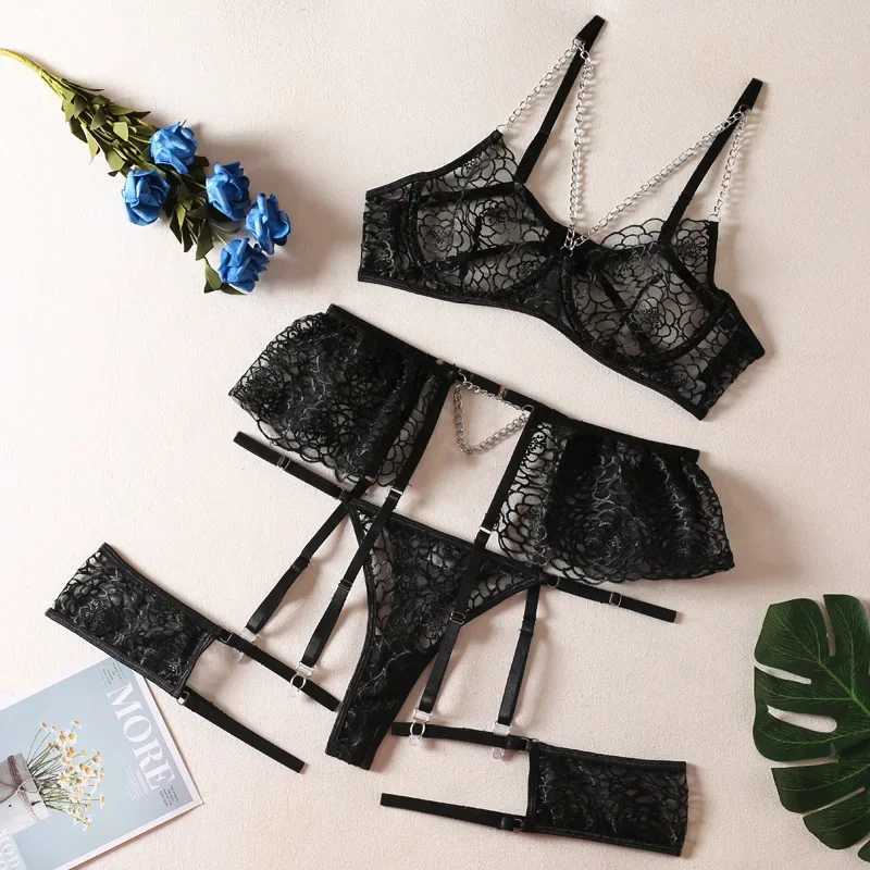 Bra + Panties + Garter + HemlineNew Lace Transparent Push Up Lingerie Sets For Women Sexy Sleep Hollow Out Chain UnderwearXJ241205