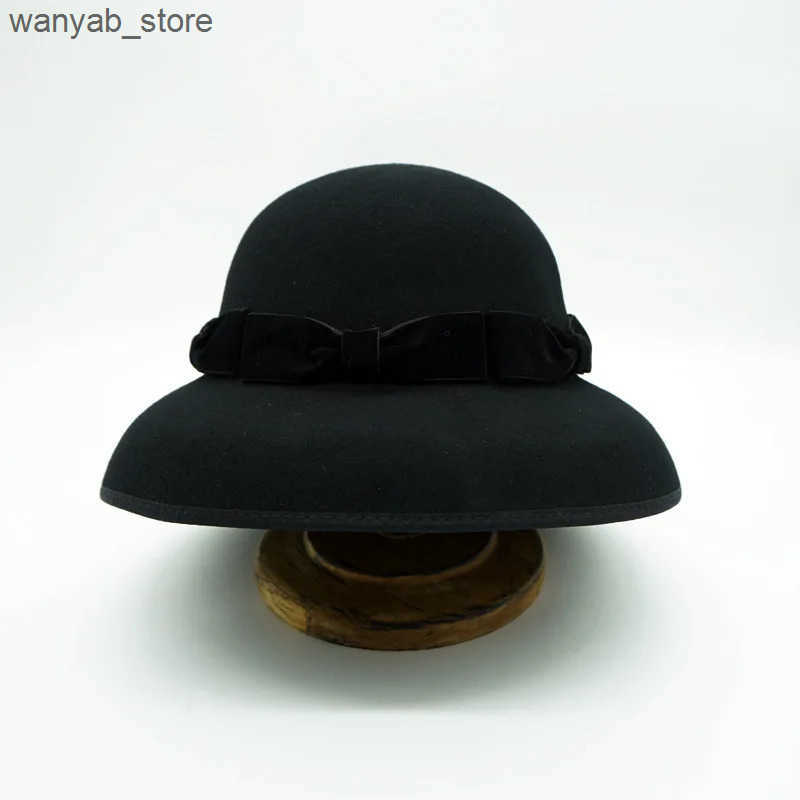 Cloches Elegant Womens Fedora Hat% Wool Bow Winter Hat Womens Cloche Bowler Hat Cocktail Wedding Dress Church Charming Hat L240910