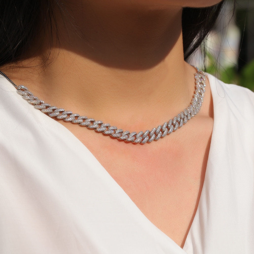 New Full Cubic Zirconia Cuban Link Chain Necklace Length Adjustable Hip Hop Iced Out Gemstone Diamond 18k Rose Gold Choker Necklaces For Women Collar 