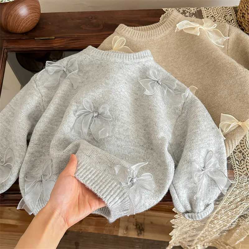 South Korean Slee Childrens Clothing Autumn New Girl Baby Solid Bow Sweater Winter Fashion Sweet Childrens Princess Knitted Sweater W241205