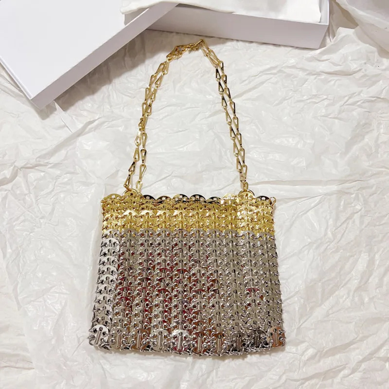 Womens Bag ner Handbag Aesthetic Bags Hand Woven Metal Gold Silver Splicing Clutch y Holiday Shoulder Tote 241204