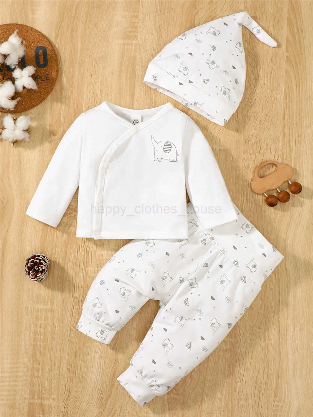 3PCS Newborn Baby Boy Girl Daily Clothes Set Elephant Long Sleeve Top+Pant+Hat Spring and Autumn Outfits for Infant 0-9 MonthsXJ241205