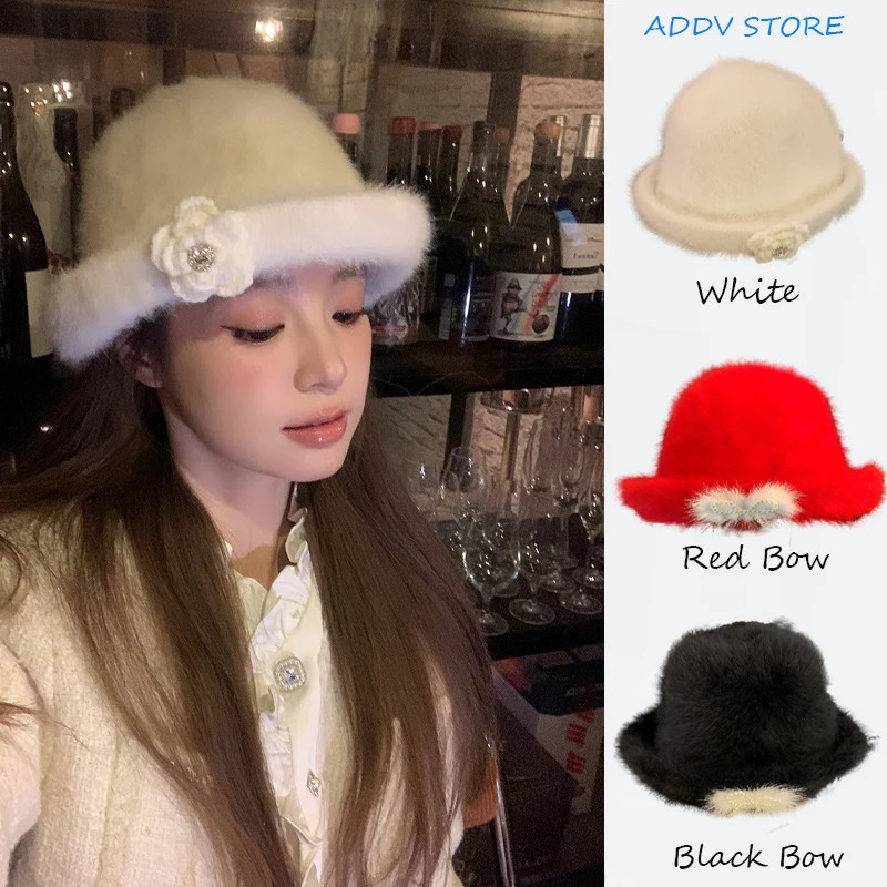 Korean Blog Rabbit Fur Flower Fishermans Hat Women Autumn Winter Curly Brim Hat Big Head Circle Panama Casquette 241205