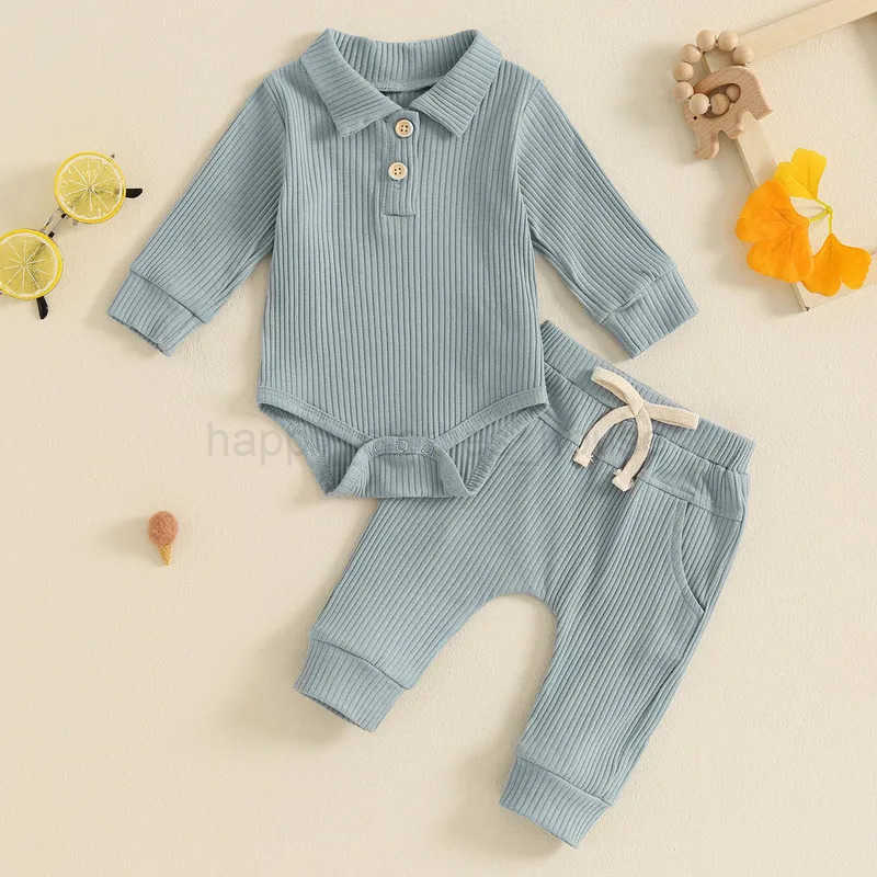 RUEWEY 0 to 18 Months 2-Piece Baby Boys Ribbed Pant Sets Button Long Sleeve Lapel Neck Bodysuit Drstring Pocket Long TrousersXJ241205