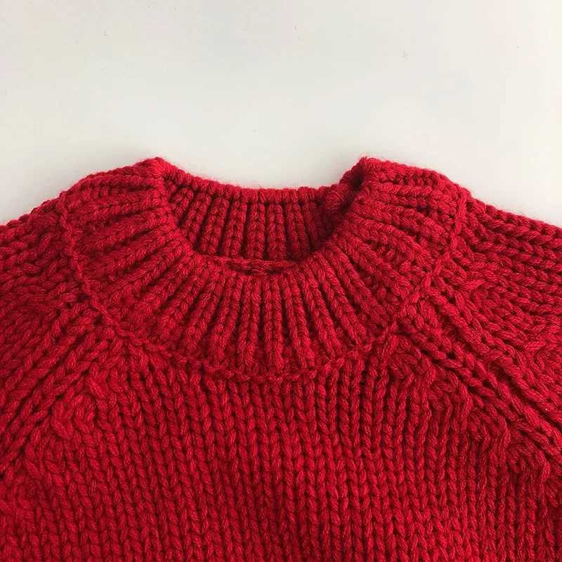 Baby Red Knitted Loose Sweater Childrens Boys and Girls New Years Top Childrens Thick Winter Knitted Soft Long Sleeve Baby Pulling Flower W241205