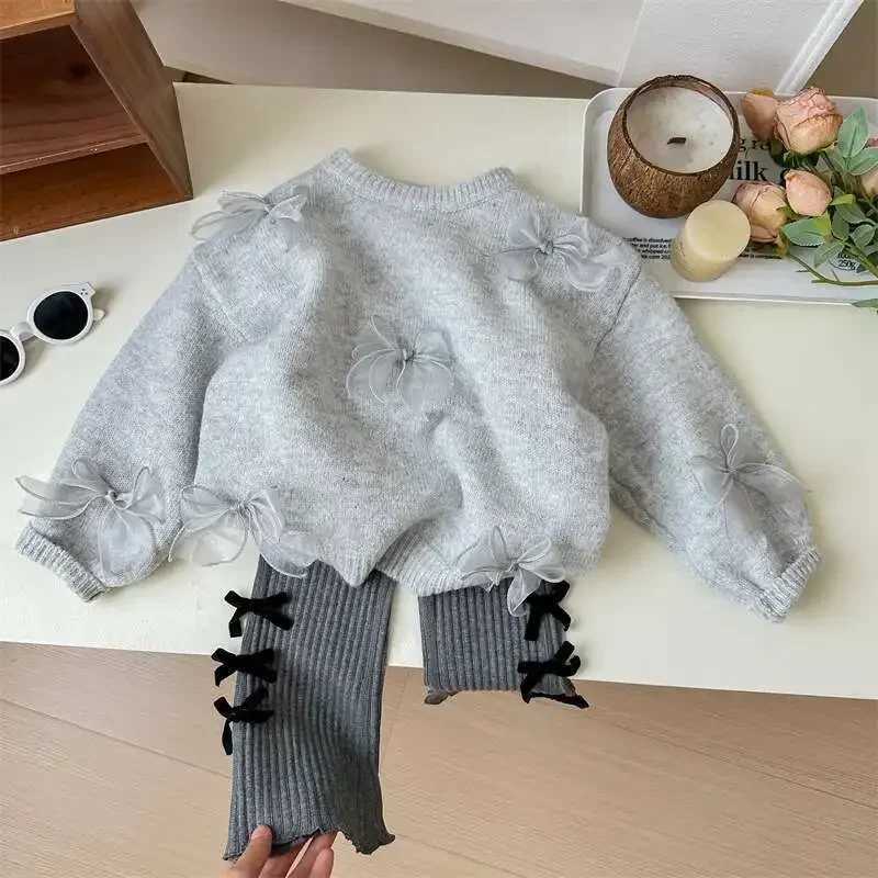 Korean Childrens Clothing Autumn New Girl Baby Solid Bow Sweater Winter Fashion Sweet Childrens Princess Knitted Sweater W241205