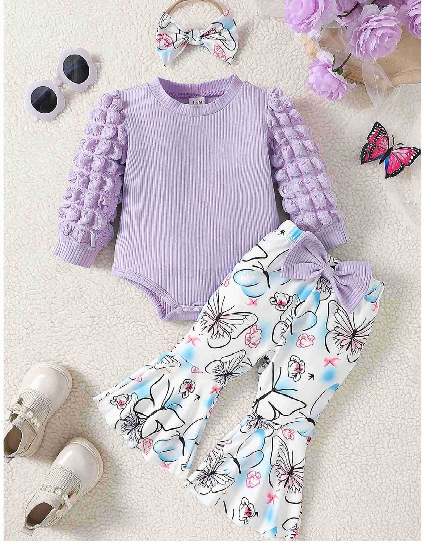 Baby Girls Fall Clothes Sets Long Bubble Sleeve Ribbed Romper+Butterfly Print Bow Flare Pants+Hair Band Infants 3Pieces OutfitsXJ241205