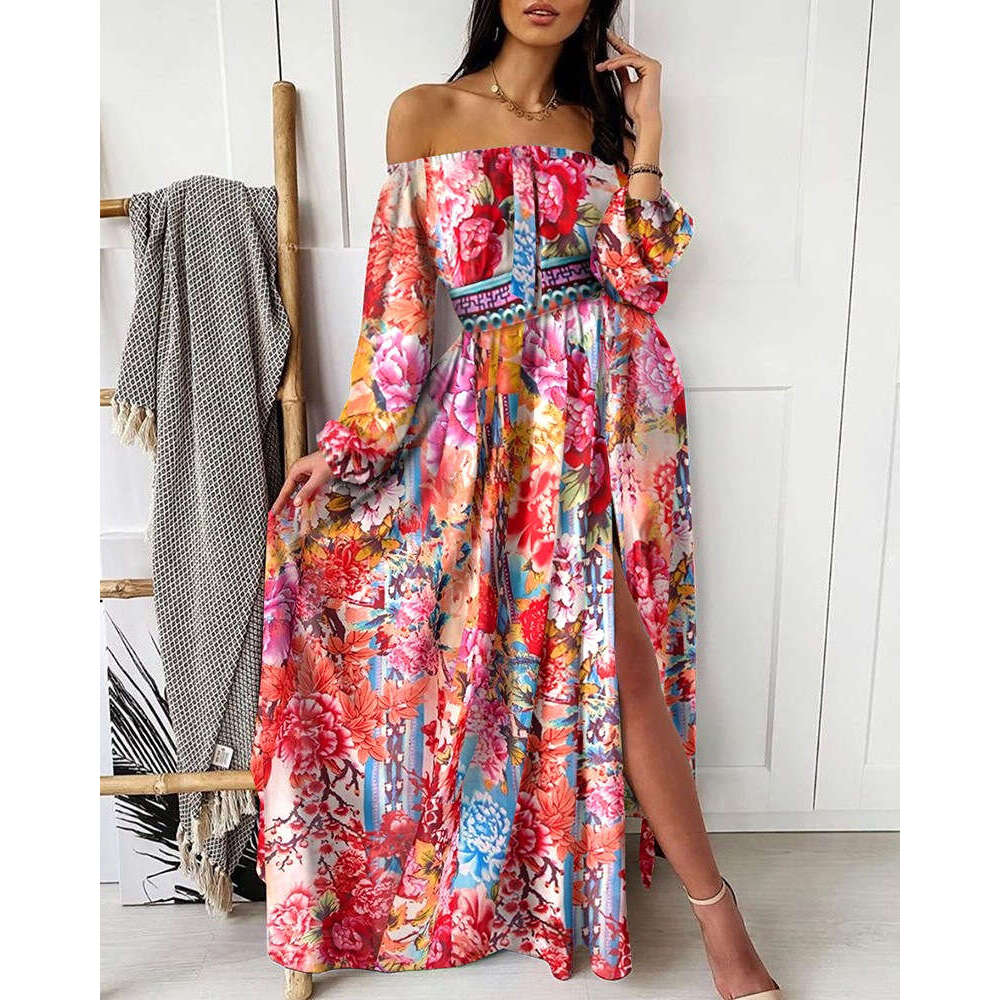 European and American Dress Printed V-neck Retro Long Sleeve Large Swing Open Skirt 2024 New Casual Versatile Fashion Clothing