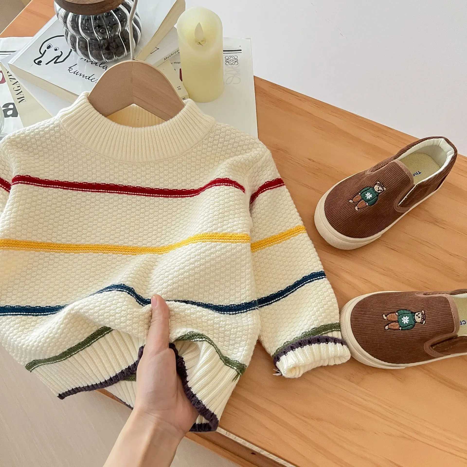 2024 Spring/Autumn Baby Boys Sweater Cotton Striped Long Sleeve Little Boys Pullover Round Neck Knitted Childrens Top W241205