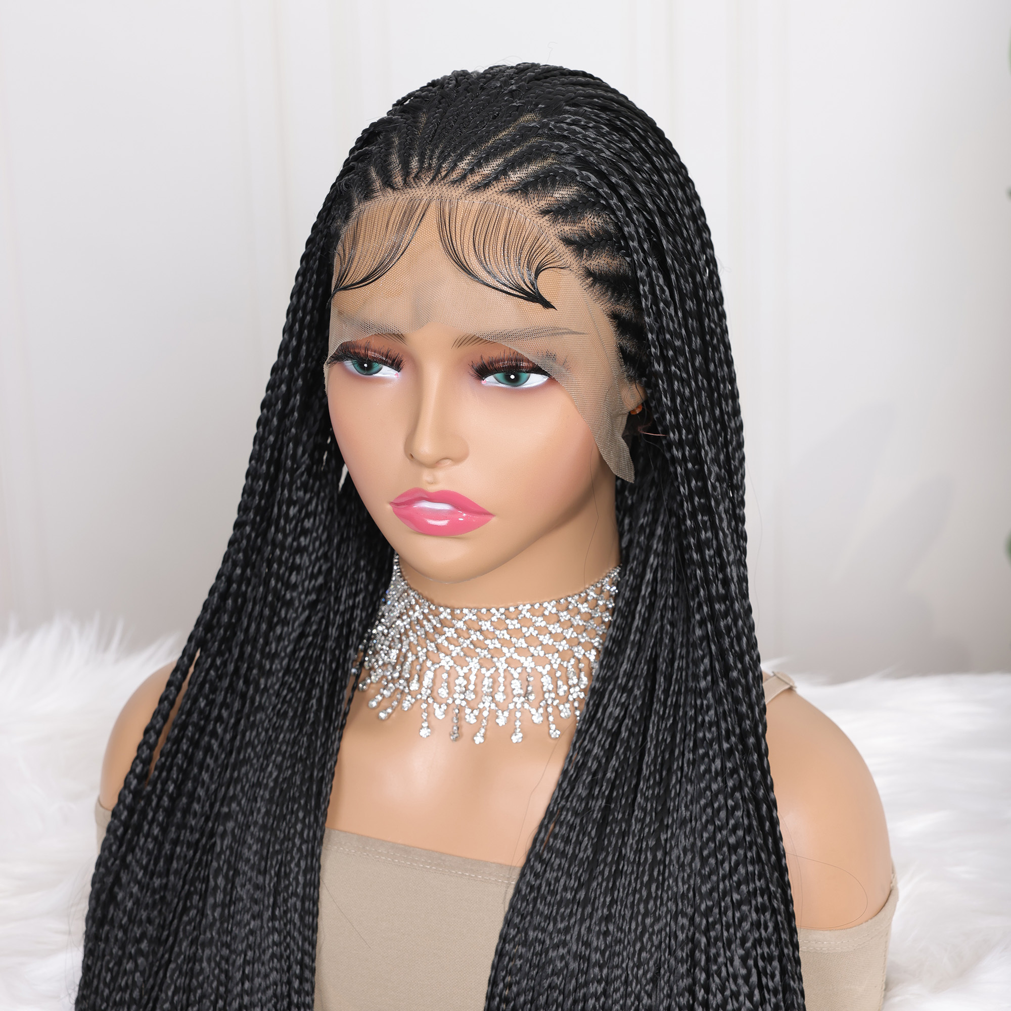 13X4 Lace Braiding Faux Locs Long Wig Goddess Twist Box Braided Synthetic Frontal Wigs For Black Women Bleached Knotless