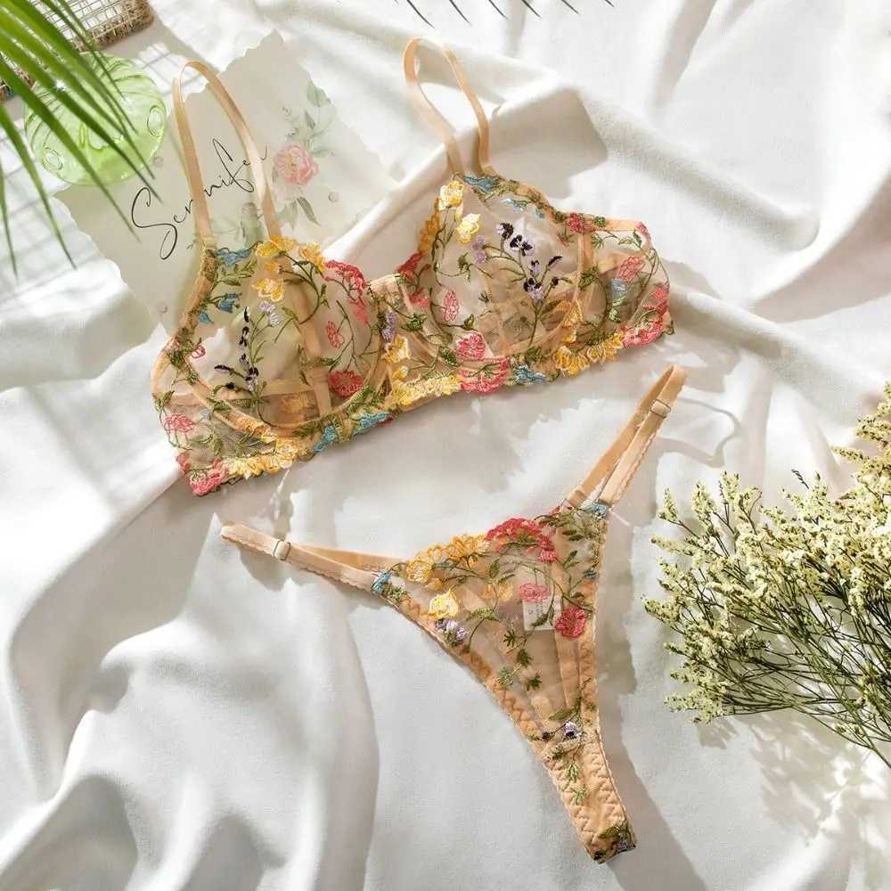 1set Embroidery Lingerie Set Sexy Floral Sheer Wireless Bra Boho Bra Panty Set Women Underwear Wireless Bra Lingerie SetXJ241205