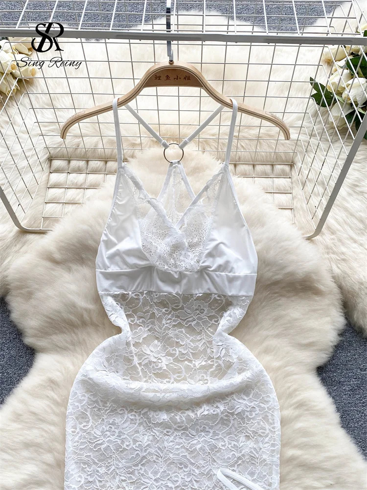 SINGREINY Summer France Sensual Night Dress Erotic Hollow Out Camis Lingerie Nightwear Women Split Slim Sheer Lace Pajamas Dress 241205