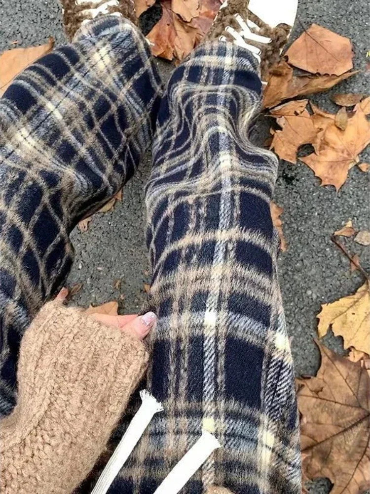 HOUZHOU Vintage Plaid Pants Women Wide Leg Harajuku Korean Style Red Checked Trousers Y2k Streetwear Classic Pants Warm Winter 241204