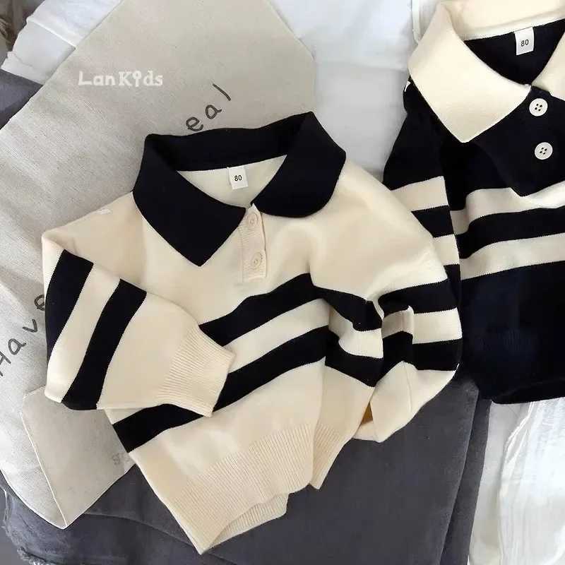 New Korean sled spring autumn childrens sweater boys and girls two-piece button striped lapel knit top casual fit slider W241205